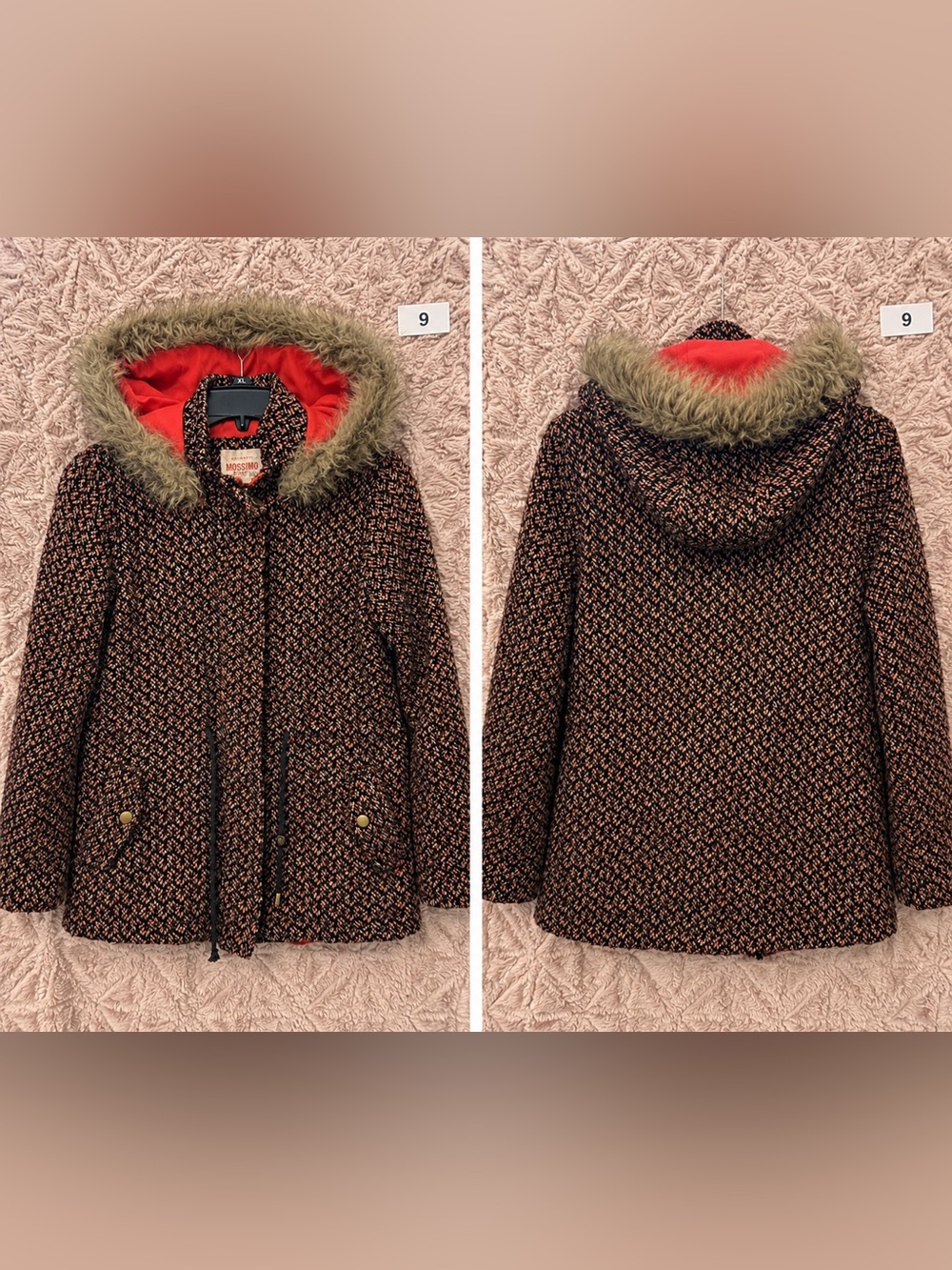 Mossimo Supply Co. Red and Black Tweed Hooded Pea Coat with Faux Fur Trim